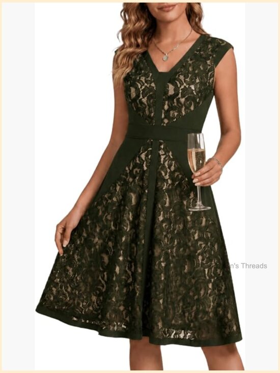 Dresses & Skirts - V Neck Stretchy Lace Cocktail Midi Dress Cap Sleeve Wedding Guest